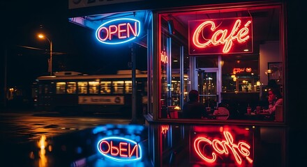 Neon Cafe at Night - Open Sign and Reflections.