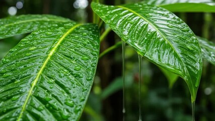 Closeup of water droplets clinging to vibrant green leaves in a tropical forest - Powered by Adobe