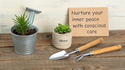 Miniature gardening tools plants and an inspiring self care message