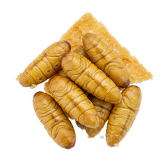 Crispy golden fried silkworm pupae isolated on white background as an edible insect food source