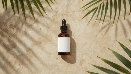Resolution mockup of a plain glass dropper bottle placed on a sunlit stone surface, tropical foliage framing the corners