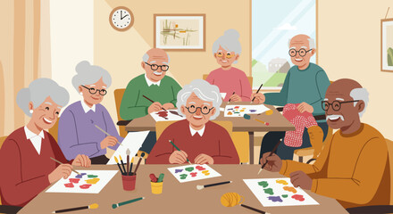 A flat design illustration showing a joyful group of elderly individuals participating in social activities, highlighting the importance of community and social engagement for senior well-being.