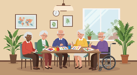 A flat design illustration showing a joyful group of elderly individuals participating in social activities, highlighting the importance of community and social engagement for senior well-being.
