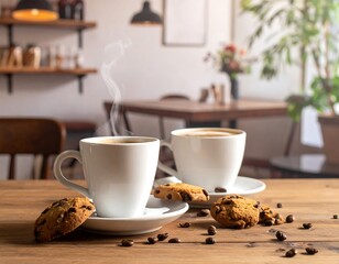 Two steaming white coffee cups with cookies on a wooden table in a cafe