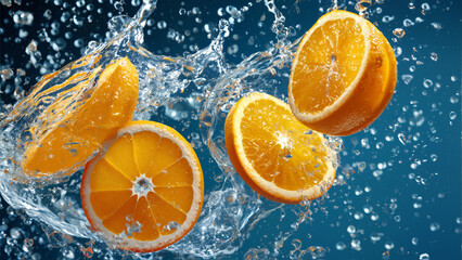 Fresh orange halves splashing in water on vibrant blue background, dynamic motion and refreshing citrus concept.