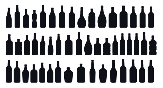 A diverse collection of wine bottle silhouettes arranged in three rows.