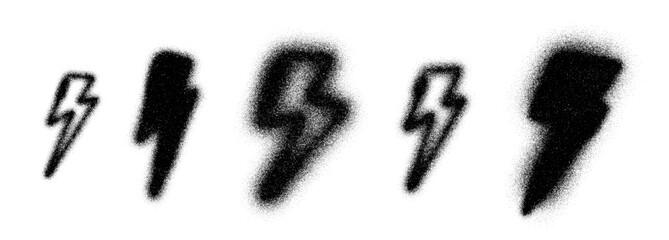 Set of graffiti lightning bolts in stipple art style with spray texture and grain shading. Abstract vector thunderbolt pack in black and white. Stipple art lightning elements for street art, poster 