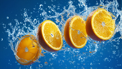 Fresh orange halves splashing in water on vibrant blue background, dynamic motion and refreshing citrus concept.