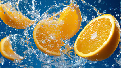 Fresh orange halves splashing in water on vibrant blue background, dynamic motion and refreshing citrus concept.