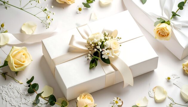 Two elegant white gift boxes adorned with pastel roses and ribbons, surrounded by floral elements