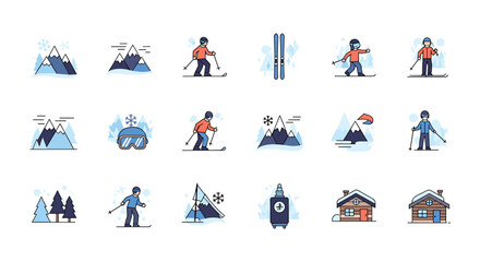 Fototapeta premium A Collection of Winter Sports and Mountain Icons Representing Skiing and Snow Activities.