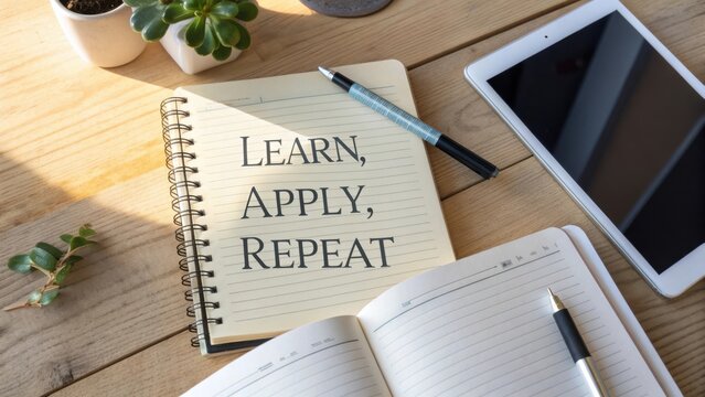 Motivational Workspace with Notepad Featuring Learn, Apply, Repeat Text and Modern Gadgets on Wooden Table