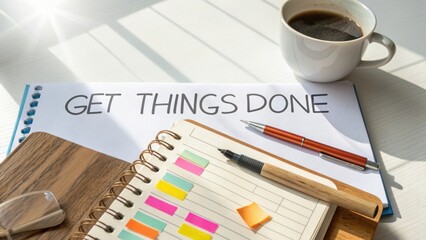 Essential Workspace Setup for Productivity with Coffee, Notepad, and Motivational Note in Bright Illumination