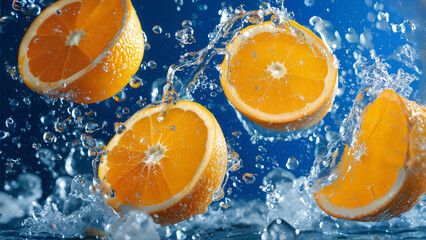 Fresh orange halves splashing in water on vibrant blue background, dynamic motion and refreshing citrus concept.