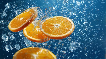 Fresh orange halves splashing in water on vibrant blue background, dynamic motion and refreshing citrus concept.