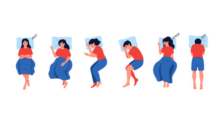 Different sleeping positions for people illustrated on a white background.