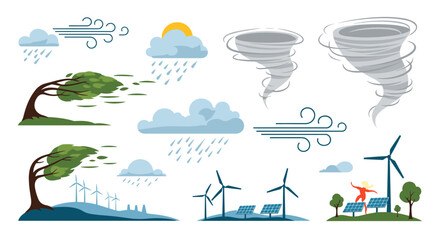 Collection of weather phenomena and renewable energy symbols illustrating atmospheric events and sustainable power generation.