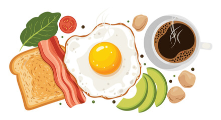 A delightful breakfast spread featuring toast bacon and a sunny side up egg with coffee and avocado slices.