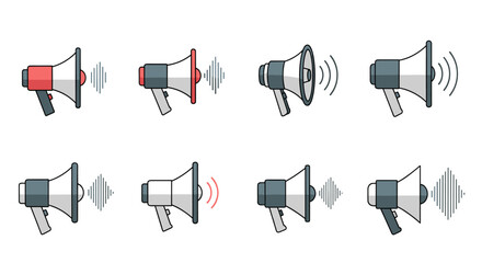A collection of diverse megaphones emitting sound waves in various styles and colors, representing communication and announcement.