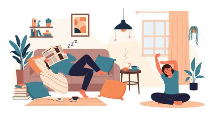A cozy living room scene with two people relaxing on a couch and floor.