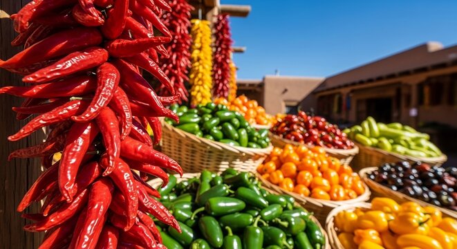 Vibrant New Mexico peppers for southwestern cuisine designs, farmer's market adverts, or spicy food promotions. A colorful harvest ideal for food blogs or spice shops.