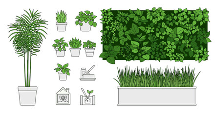 Illustrations of various indoor and outdoor plants and gardening tools.