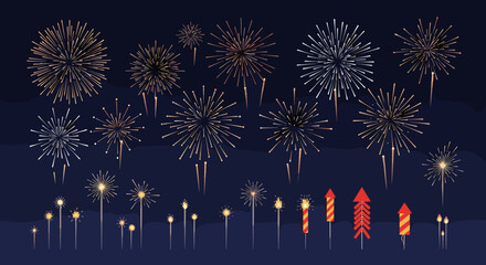 A collection of dazzling and vibrant fireworks illuminating the dark night sky with their brilliant bursts and sparkling trails.