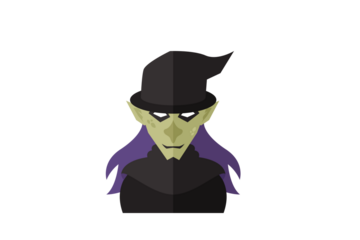 Pixelated Green Skinned Character with Black Hat and Purple Hair on White Background