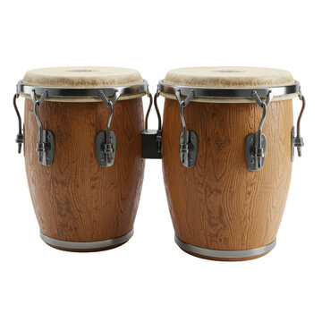 Pair of professional wooden bongo drums percussion musical instrument isolated on white background