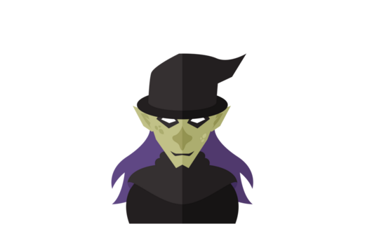 Pixelated Green Skinned Character with Black Hat and Purple Hair on White Background