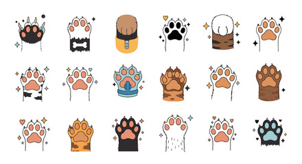 A collection of diverse and playful paw prints with decorative elements.
