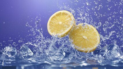 Lemon halves with ice cubes splashing in water on dark blue background, refreshing citrus and cool beverage concept.