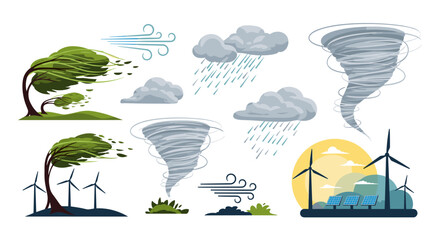 A collection of illustrations depicting various natural weather phenomena including strong winds heavy rain and powerful tornadoes.