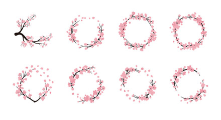 Beautiful collection of delicate floral cherry blossom wreaths and branches for decorative purposes and designs.