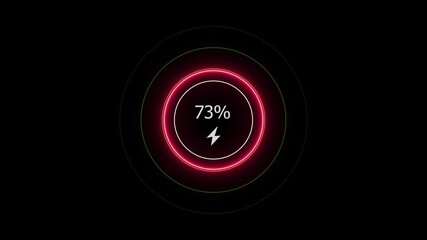 Neon countdown loading icon 0 to 73% battery charging screen animation. 73 percent fast charging icon video.