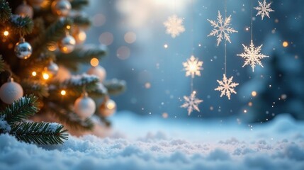 Winter Wonderland Festive Season Decor with Snow-Covered Evergreens and Sparkling Snowflake Ornaments