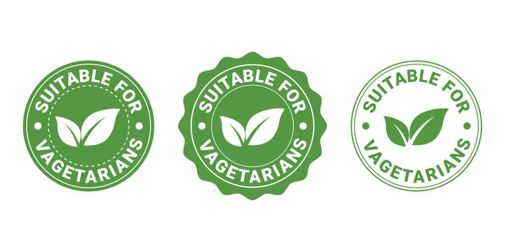 Suitable for vegetarians stamp or logo. Green leaves icon sign. Round sticker label for vegetarian food products. Vector illustration