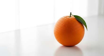 Orange fruit with a green leaf on a white surface.