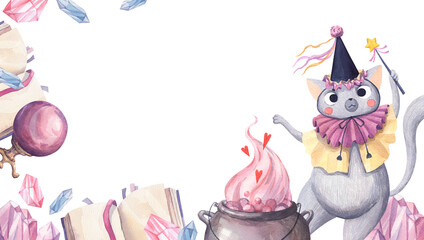 Watercolor frame with a magical cat