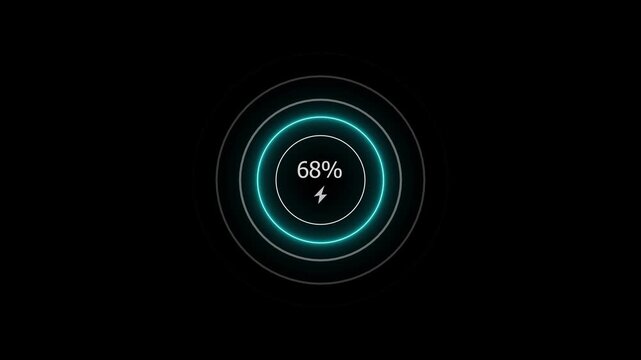 Neon countdown loading icon 0 to 68% battery charging screen animation. 68 percent fast charging icon video.