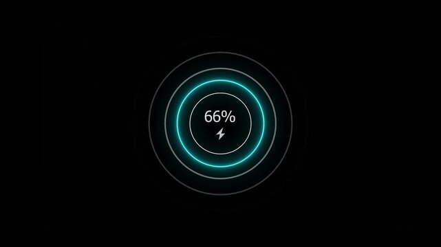 Neon countdown loading icon 0 to 66% battery charging screen animation. 66 percent fast charging icon video.