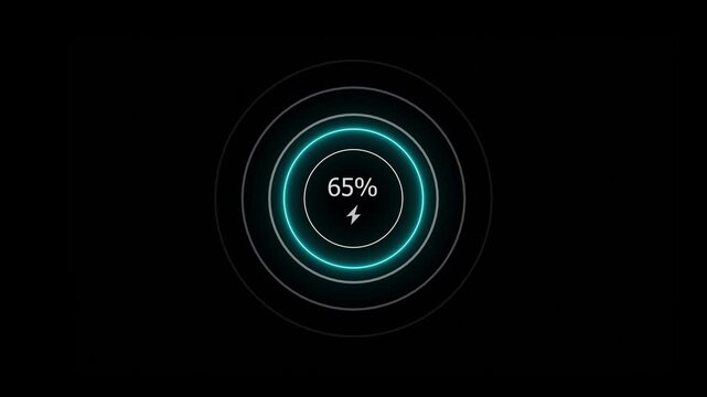 Neon countdown loading icon 0 to 65% battery charging screen animation. 65 percent fast charging icon video.