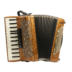 Vintage brown accordion musical instrument isolated on white background for design and music concepts