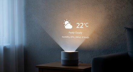 Smart projector displays weather forecast on wall.