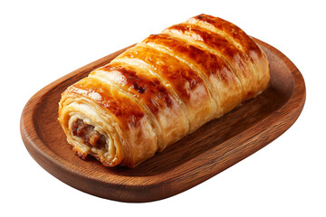 Australia Sausage roll puff pastry filled with minced meat on wooden plate isolated on white transparent background, concept of baked snack or meal