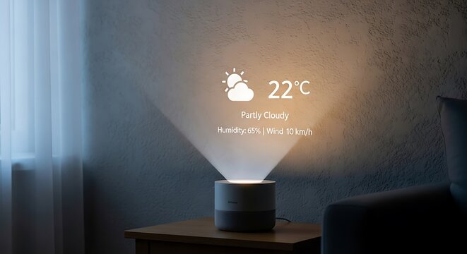 Smart projector displays weather forecast on wall.