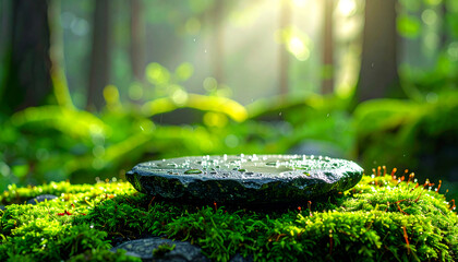 Refreshing natural backdrop: mossy stone platform, misty condensation on surface, Blurred forest tones are visible behind