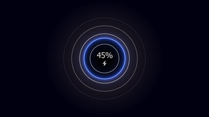 Neon countdown loading icon 0 to 45% battery charging screen animation. 45 percent fast charging icon video.