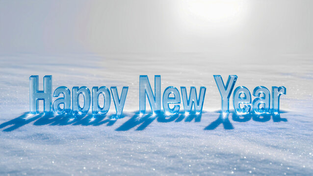A volumetric "Happy New Year" sign made of ice or glass, standing in sparkling snow. 3D rendering.