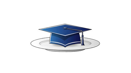 blue graduation cap sits on a white plate, symbolizing education and knowledge.